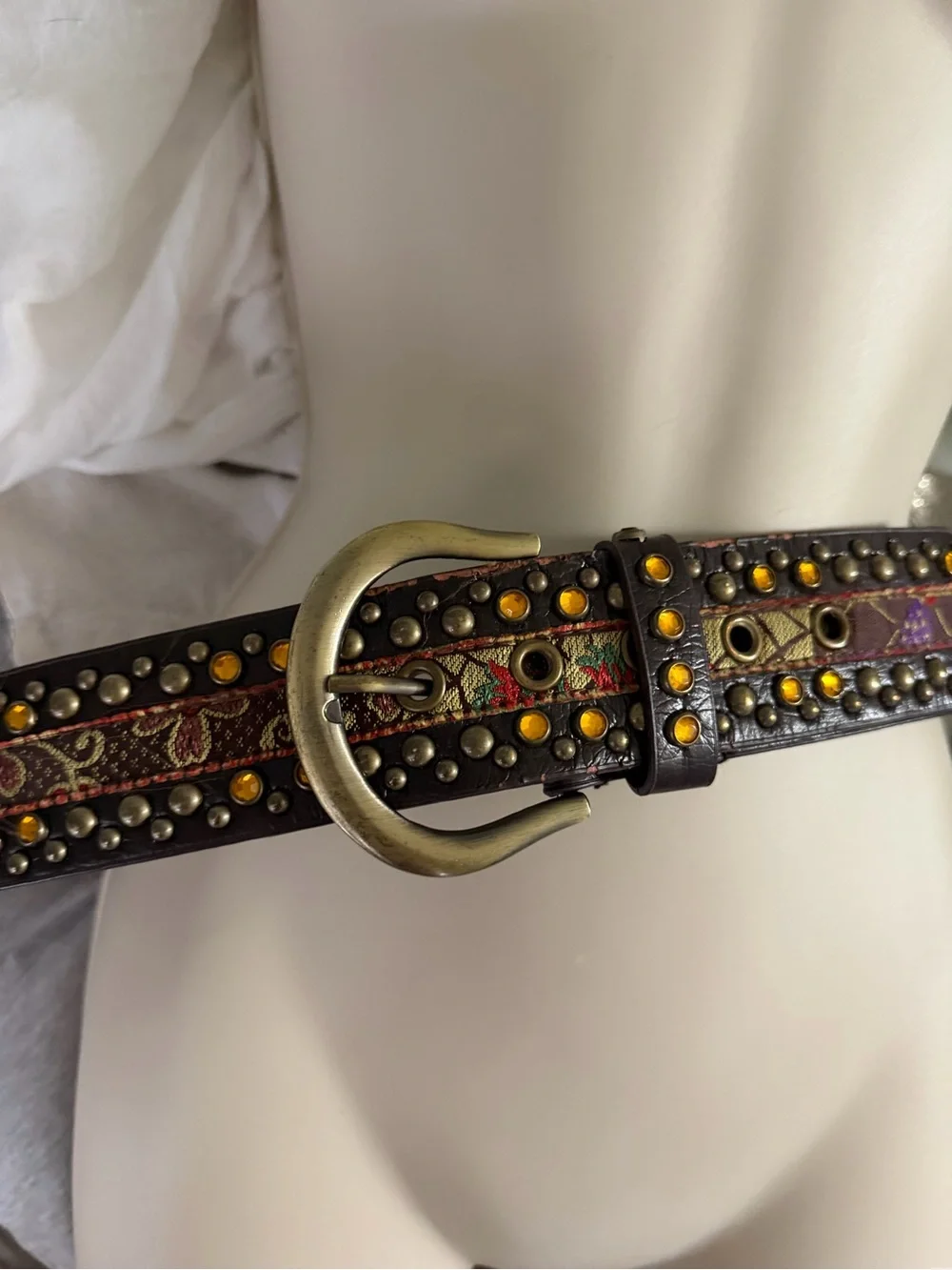 Y2K Boho Studded Rhinestone Tapestry Wide Belt Brown Size M